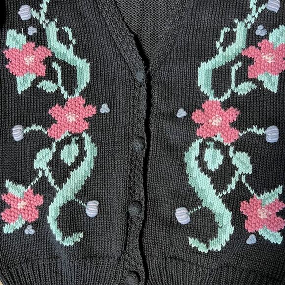 VTG Tilbury Button Cardigan Sweater Womens M Black Floral Cottage Embroidered - Picture 9 of 10